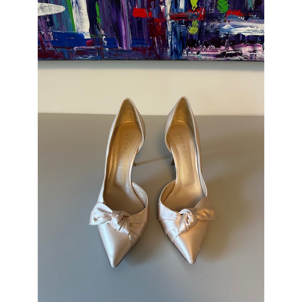 Casadei Champagne Satin Bow d'Orsay‎ Pointed Toe Pumps | Size 38